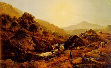 stream Painting - Figures On A Path By A Rocky Stream Sidney Richard Percy
